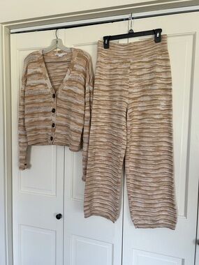 Veronica Beard Knit Wide-Leg Jumpsuit in Beige and Cream Stripe